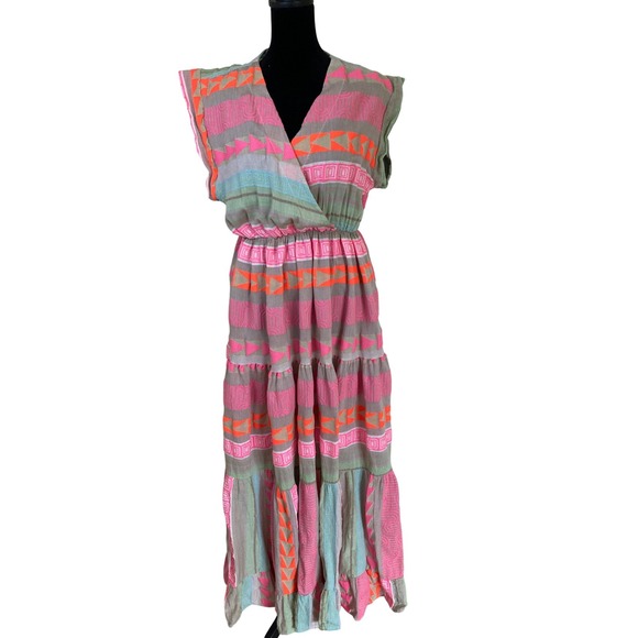 Sofia Collections Dresses & Skirts - Sofia‎ Collections Italy Neon Geometric Tribal Print Cotton Tiered Maxi Dress S
